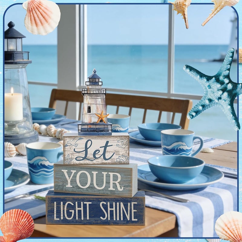 Lineshading 4 Pcs Beach Coastal Table Decor Wooden Lighthouse Decoration with Starfish Summer Tiered Tray Decor Blue and White Ocean Centerpieces Rustic Beach House Nautical Decorations for Home Shelf - Image 5